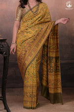 Ushraa - Yellow And Olive Handcrafted Ajrakh Saree In Pure Silk-Rutambhara-RUTAMBHARA