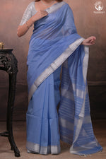 Narmaa - Powder Blue With Small Silver Chatai Border Silk Cotton Saree-Rutambhara-RUTAMBHARA