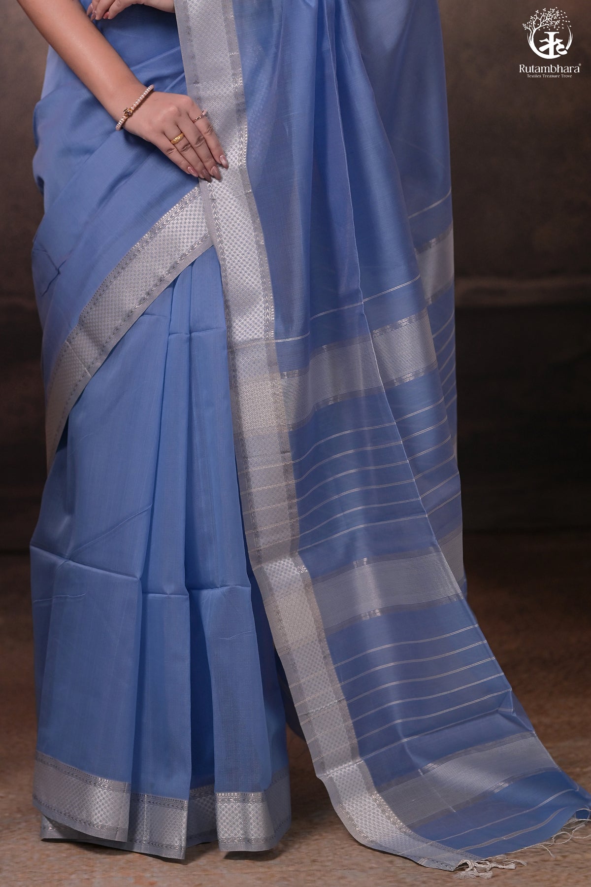 Narmaa - Powder Blue With Small Silver Chatai Border Silk Cotton Saree