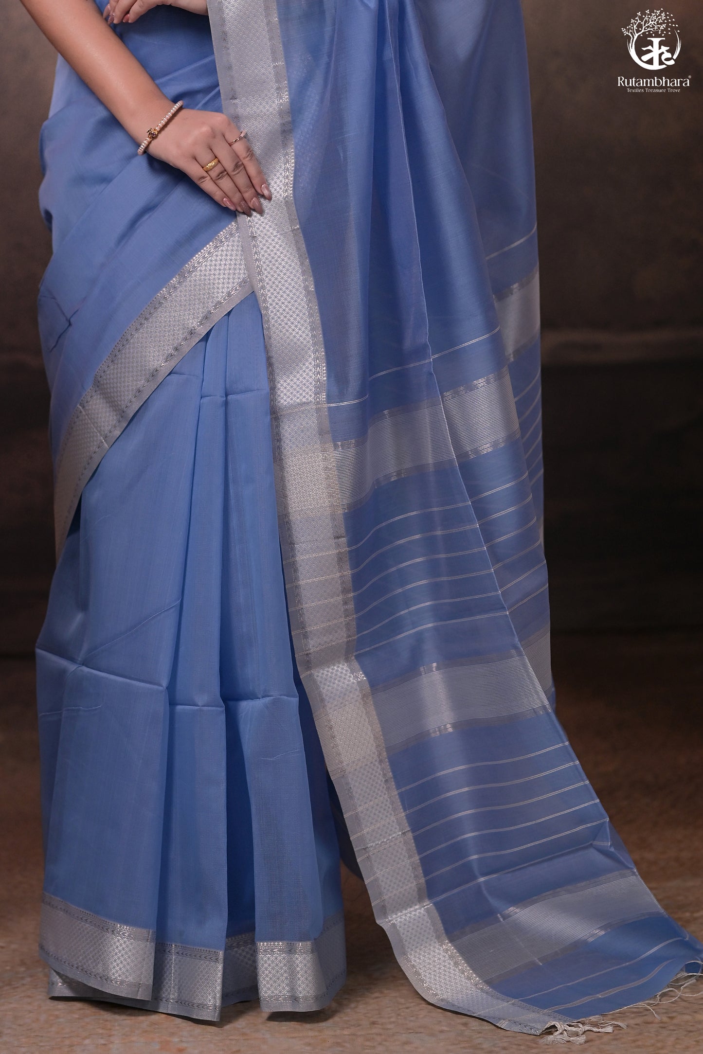 Narmaa - Powder Blue With Small Silver Chatai Border Silk Cotton Saree
