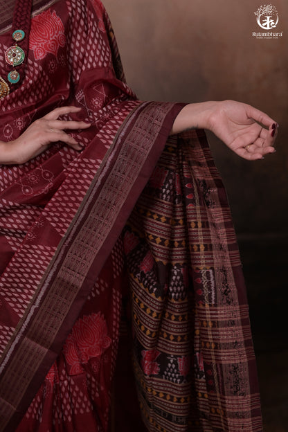 SAMBALPURI IKAT NATURAL DYES SAREE IN PURE SILK -4/3 PLY PURE MULBERRY SILK - MAROON N COFFEE BROWN-RUTAMBHARA-RUTAMBHARA