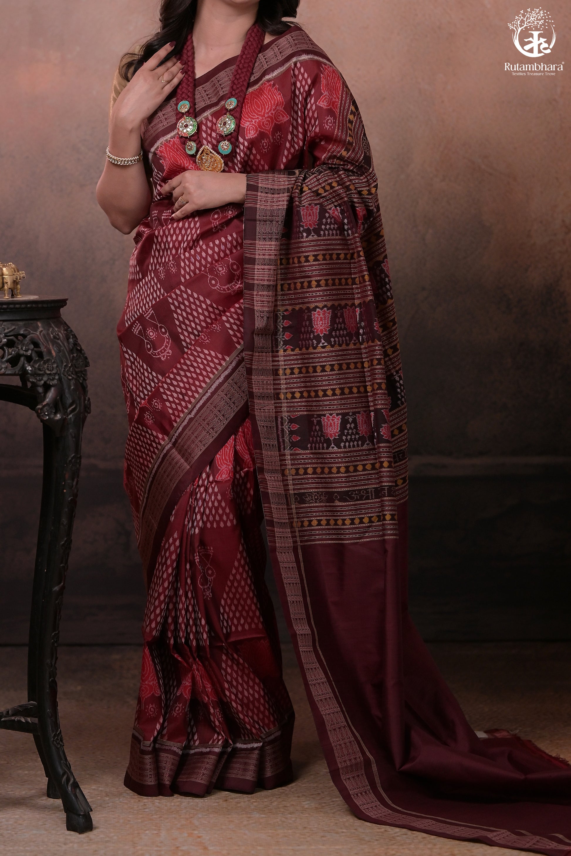SAMBALPURI IKAT NATURAL DYES SAREE IN PURE SILK -4/3 PLY PURE MULBERRY SILK - MAROON N COFFEE BROWN-RUTAMBHARA-RUTAMBHARA