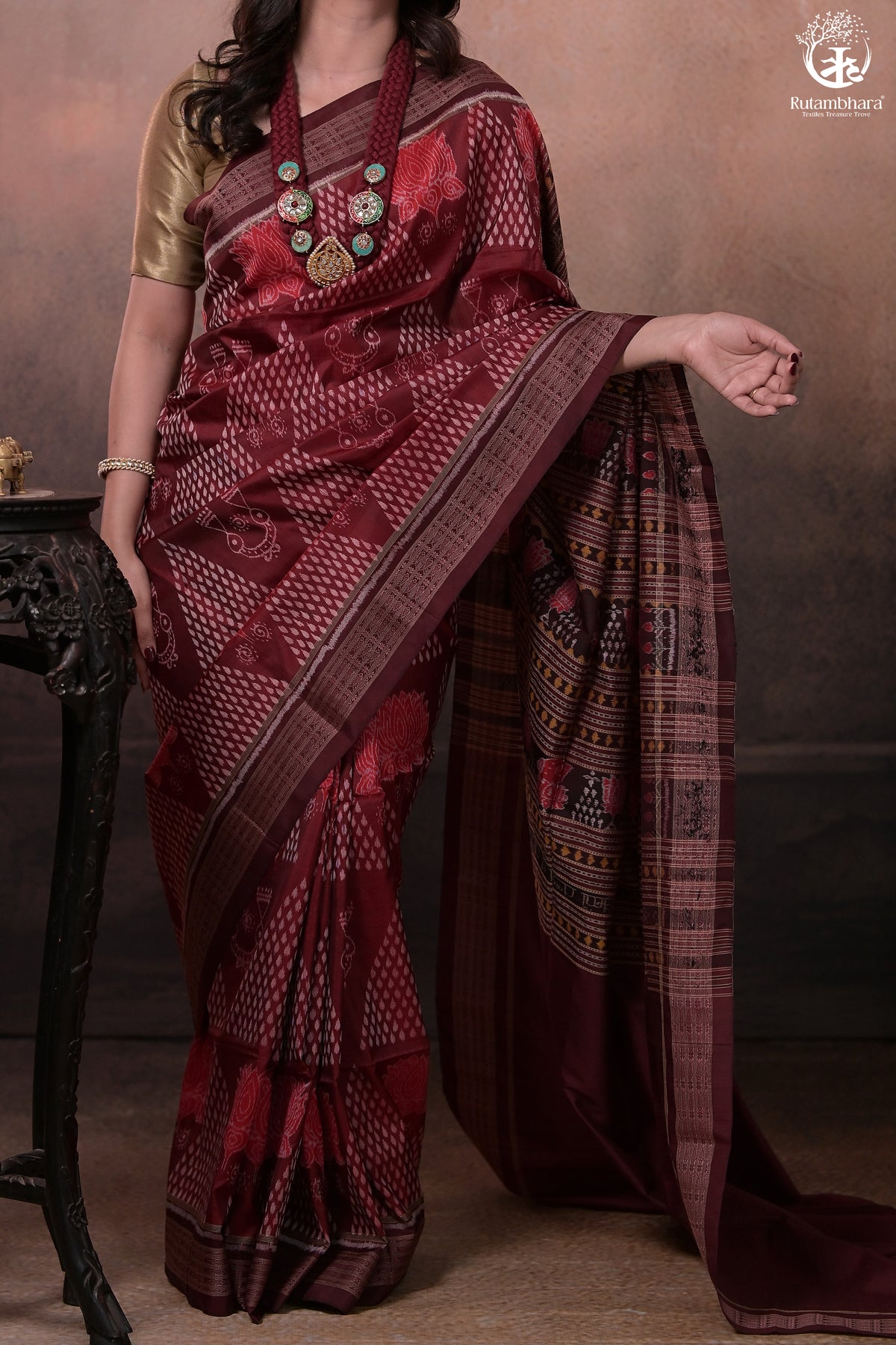 SAMBALPURI IKAT NATURAL DYES SAREE IN PURE SILK -4/3 PLY PURE MULBERRY SILK - MAROON N COFFEE BROWN