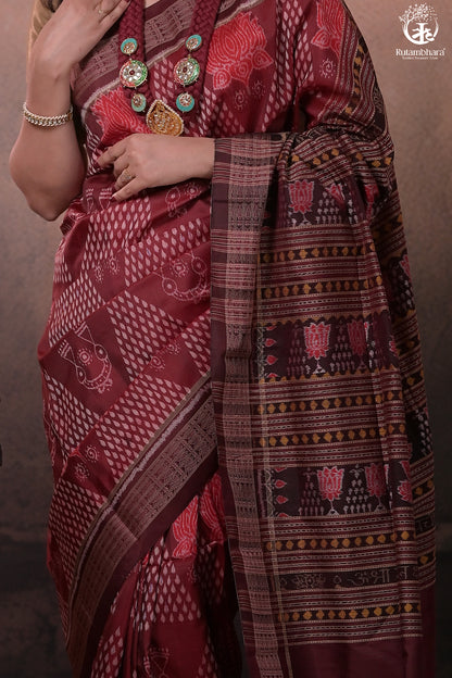 SAMBALPURI IKAT NATURAL DYES SAREE IN PURE SILK -4/3 PLY PURE MULBERRY SILK - MAROON N COFFEE BROWN-RUTAMBHARA-RUTAMBHARA