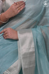 Narmaa - Silver Tissue Checks Pastel Blue With Silver Lehar Border Saree