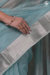 Narmaa - Silver Tissue Checks Pastel Blue With Silver Lehar Border Saree