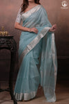 Narmaa - Silver Tissue Checks Pastel Blue With Silver Lehar Border Saree