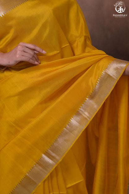 Bhadra - Turmeric Yellow Plain Handwoven Silk Saree With Silver Zari Border-Rutambhara-RUTAMBHARA