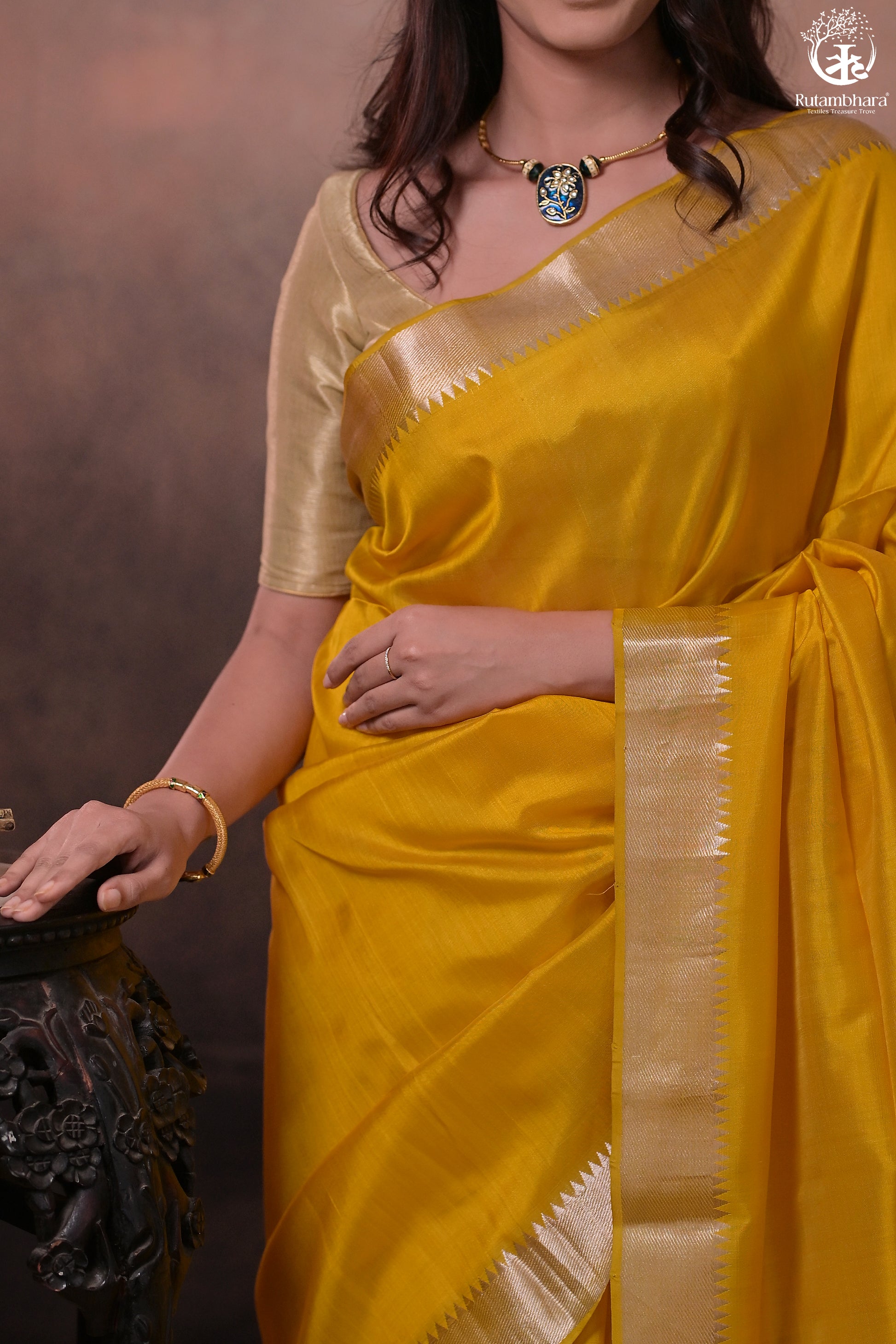 Bhadra - Turmeric Yellow Plain Handwoven Silk Saree With Silver Zari Border-Rutambhara-RUTAMBHARA