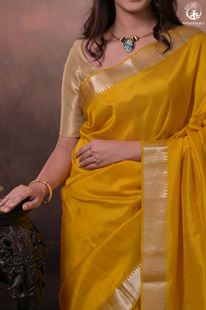 Bhadra - Turmeric Yellow Plain Handwoven Silk Saree With Silver Zari Border-Rutambhara-RUTAMBHARA