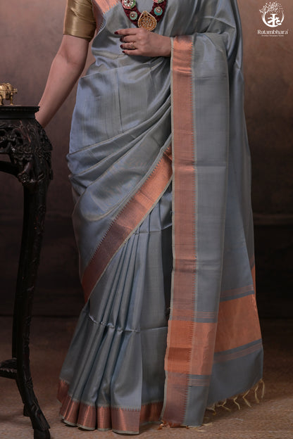 Bhadra - Powder Blue Plain Handwoven Silk Saree With Copper Zari Border-Rutambhara-RUTAMBHARA