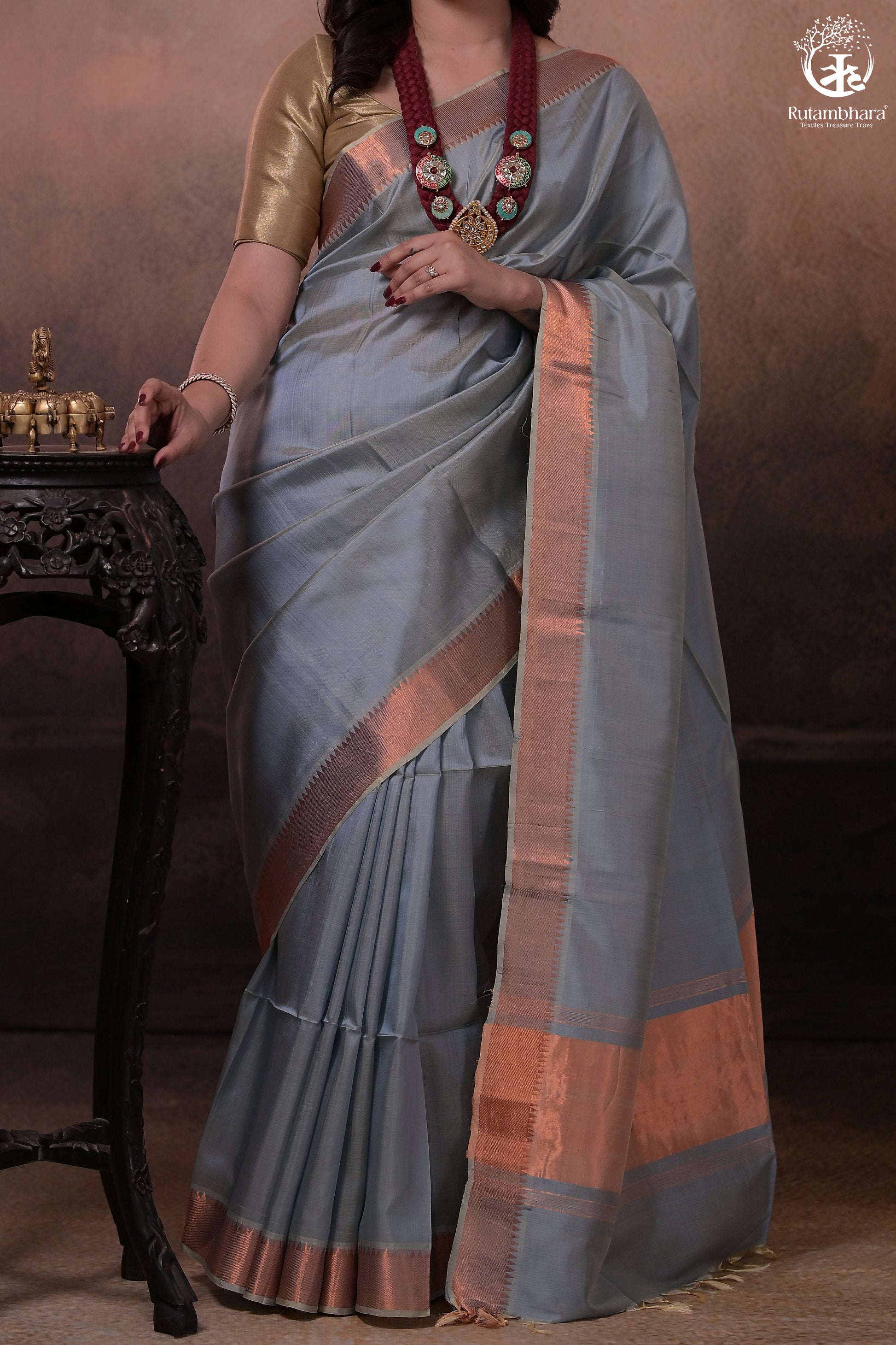 Bhadra - Powder Blue Plain Handwoven Silk Saree With Copper Zari Border-Rutambhara-RUTAMBHARA