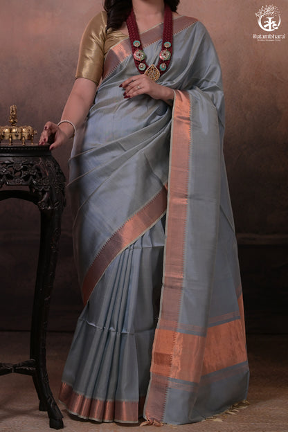 Bhadra - Powder Blue Plain Handwoven Silk Saree With Copper Zari Border-Rutambhara-RUTAMBHARA