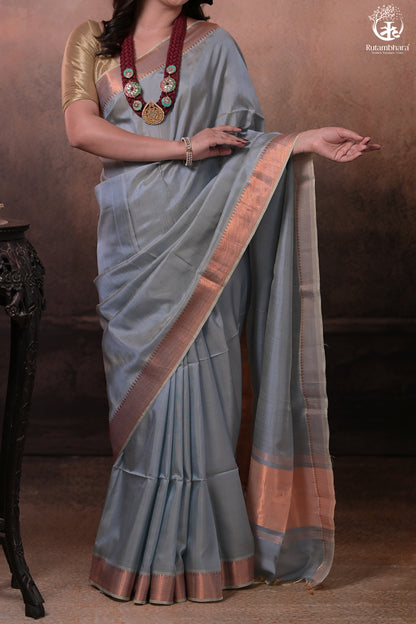Bhadra - Powder Blue Plain Handwoven Silk Saree With Copper Zari Border-Rutambhara-RUTAMBHARA