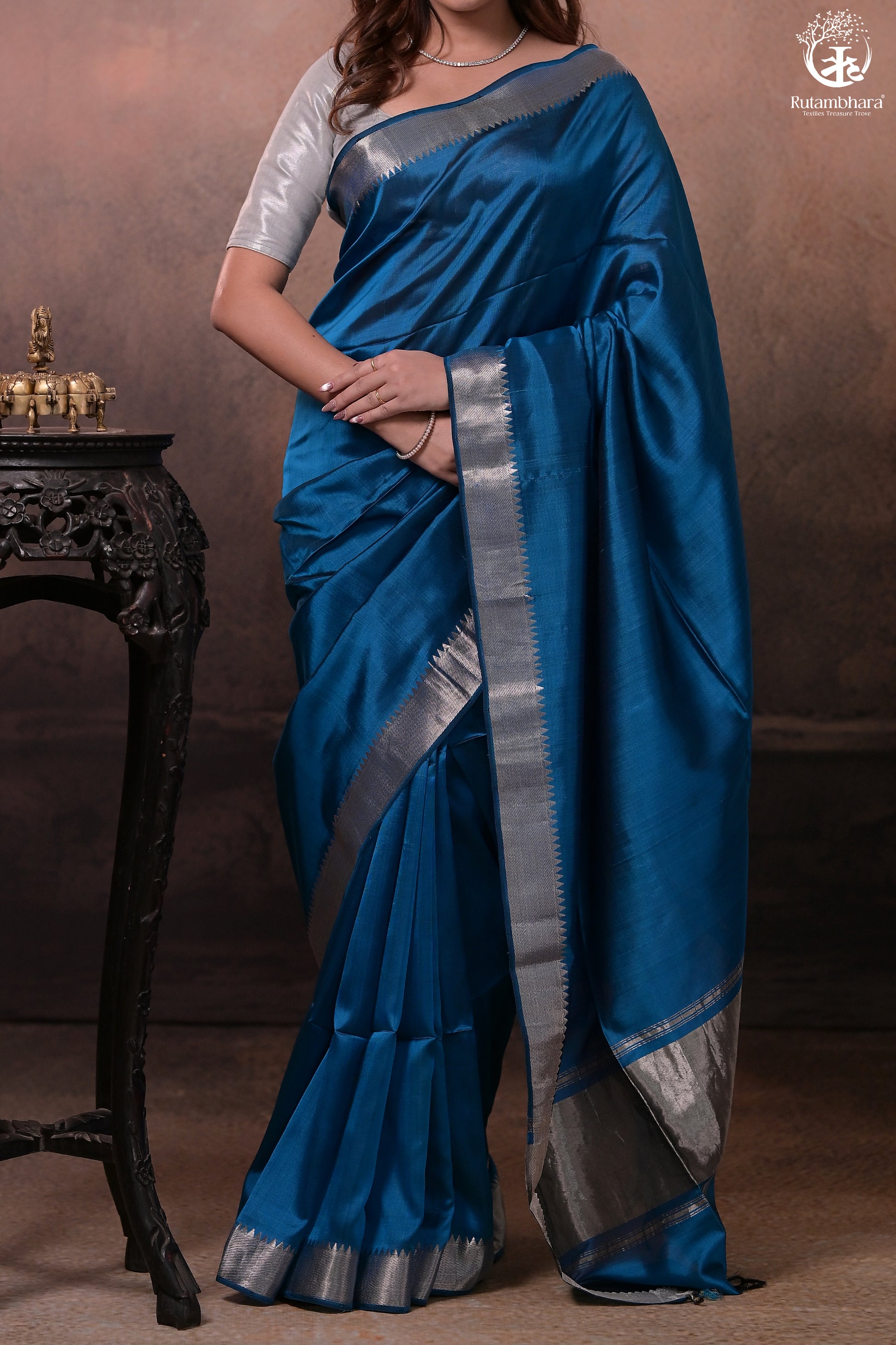 Bhadra - Indigo Blue Plain Handwoven Silk Saree With Silver Zari Border-Rutambhara-RUTAMBHARA