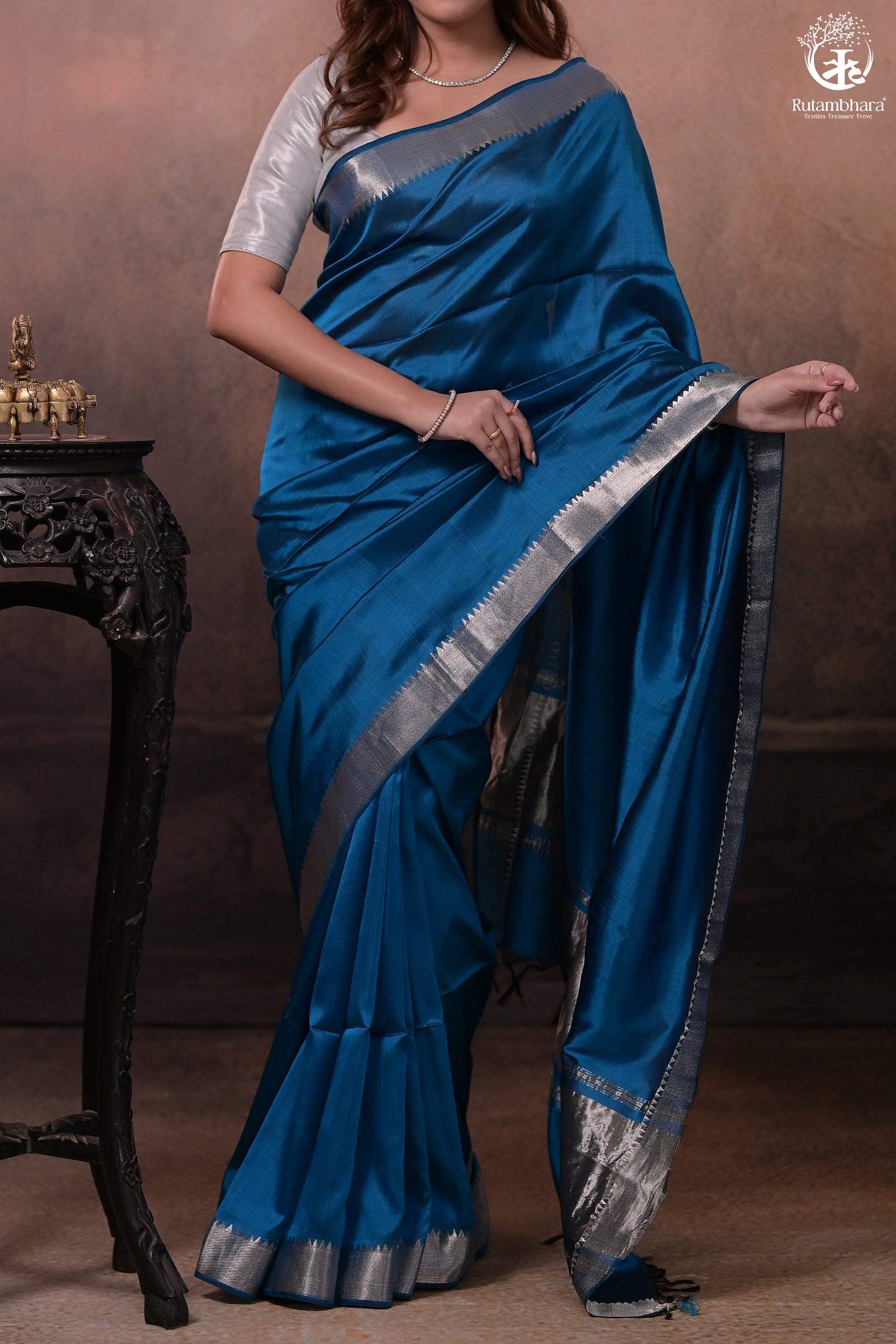 Bhadra - Indigo Blue Plain Handwoven Silk Saree With Silver Zari Border