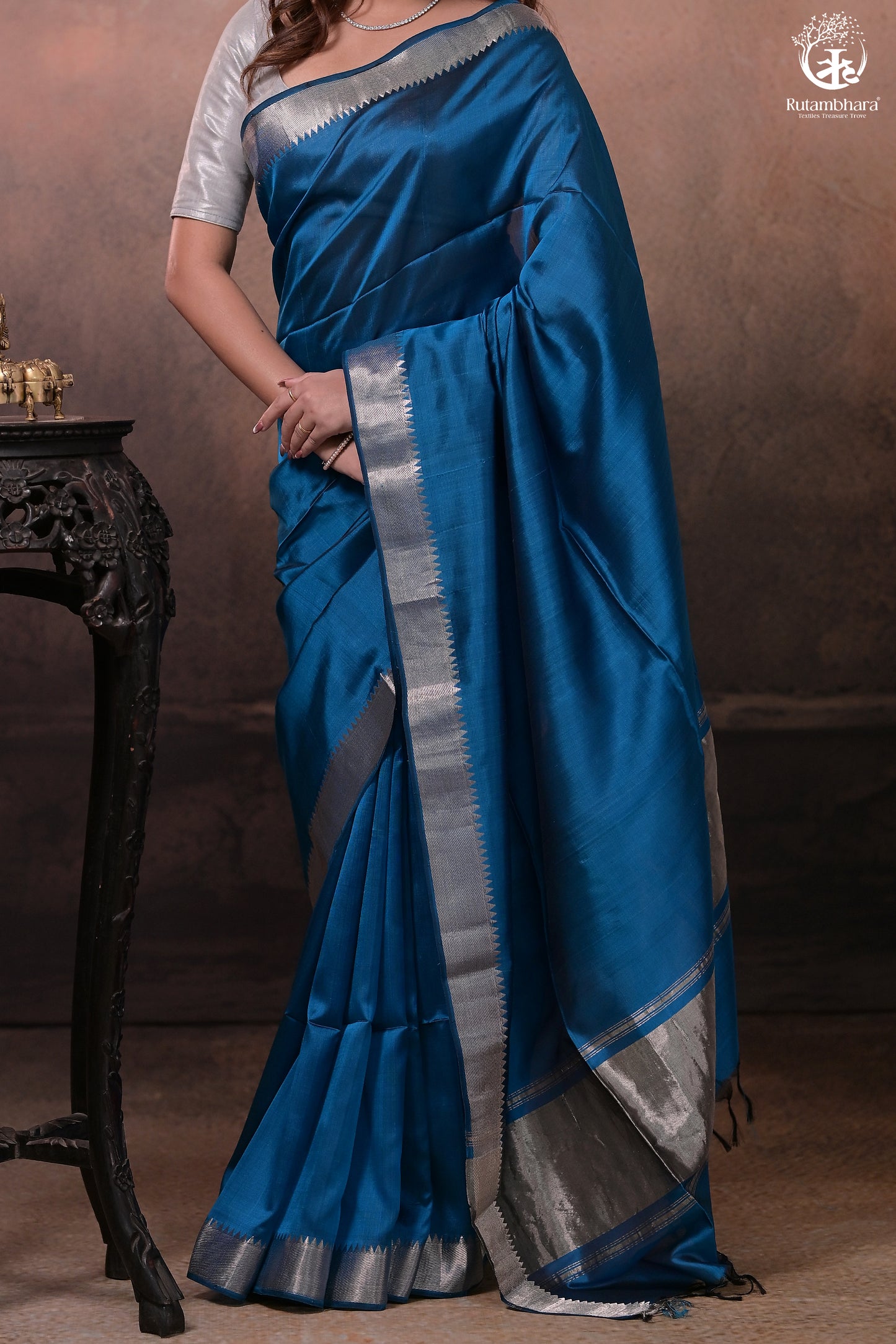Bhadra - Indigo Blue Plain Handwoven Silk Saree With Silver Zari Border