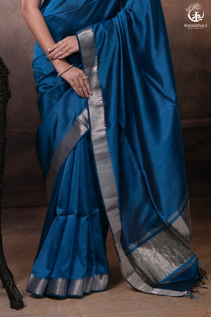 Bhadra - Indigo Blue Plain Handwoven Silk Saree With Silver Zari Border-Rutambhara-RUTAMBHARA