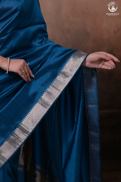 Bhadra - Indigo Blue Plain Handwoven Silk Saree With Silver Zari Border-Rutambhara-RUTAMBHARA