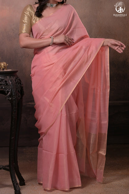 Swarvi - Elegant Blush Pink Chanderi Half Tissue Zari-RUTAMBHARA-RUTAMBHARA