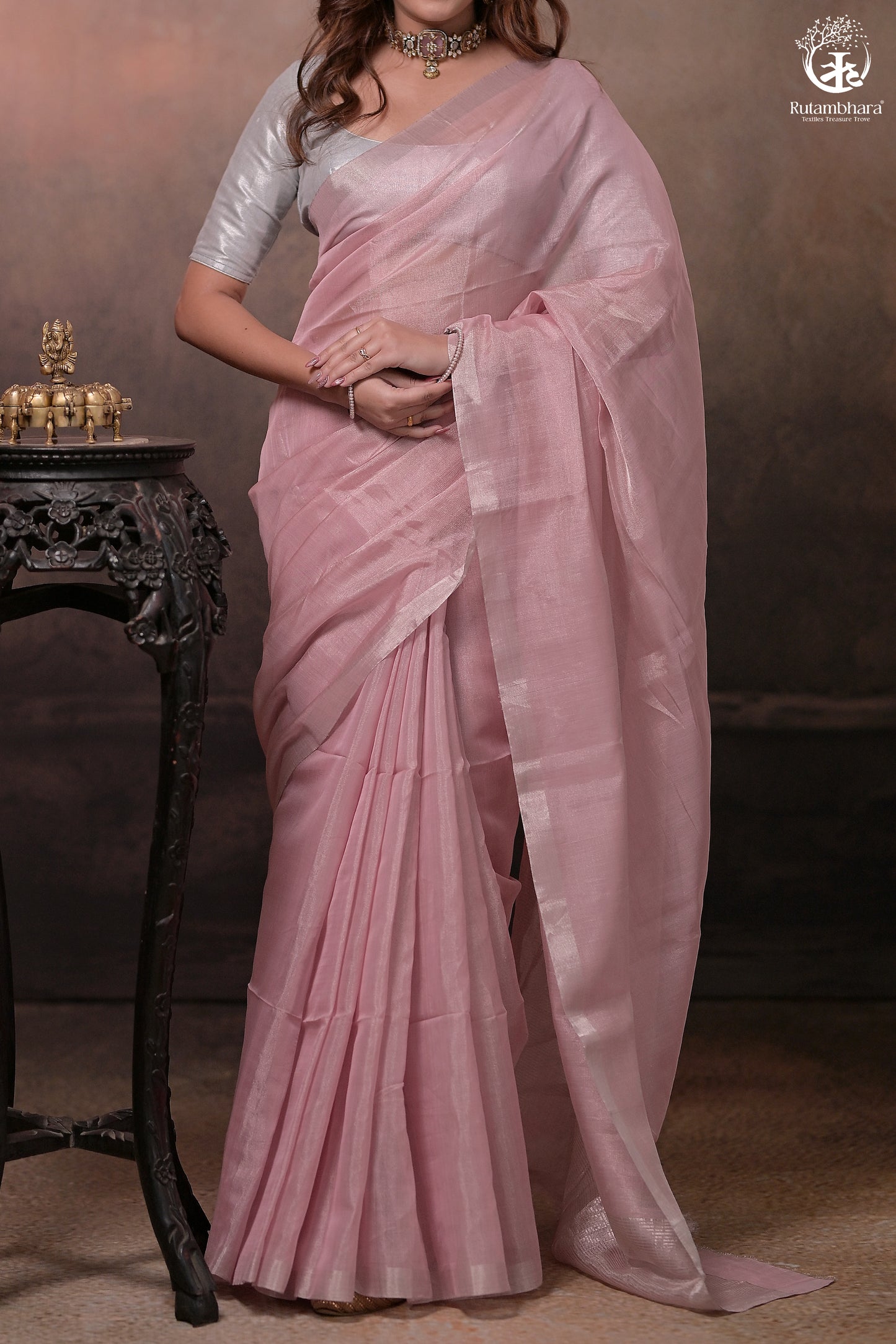 Swarvi - Elegance in Every Thread – Two Taar Chanderi Tissue Saree in Pastel Pink