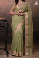 Narmaa - Pastel Green Gold Tissue Checks With Lehar Border Silk Cotton Saree-Rutambhara-RUTAMBHARA
