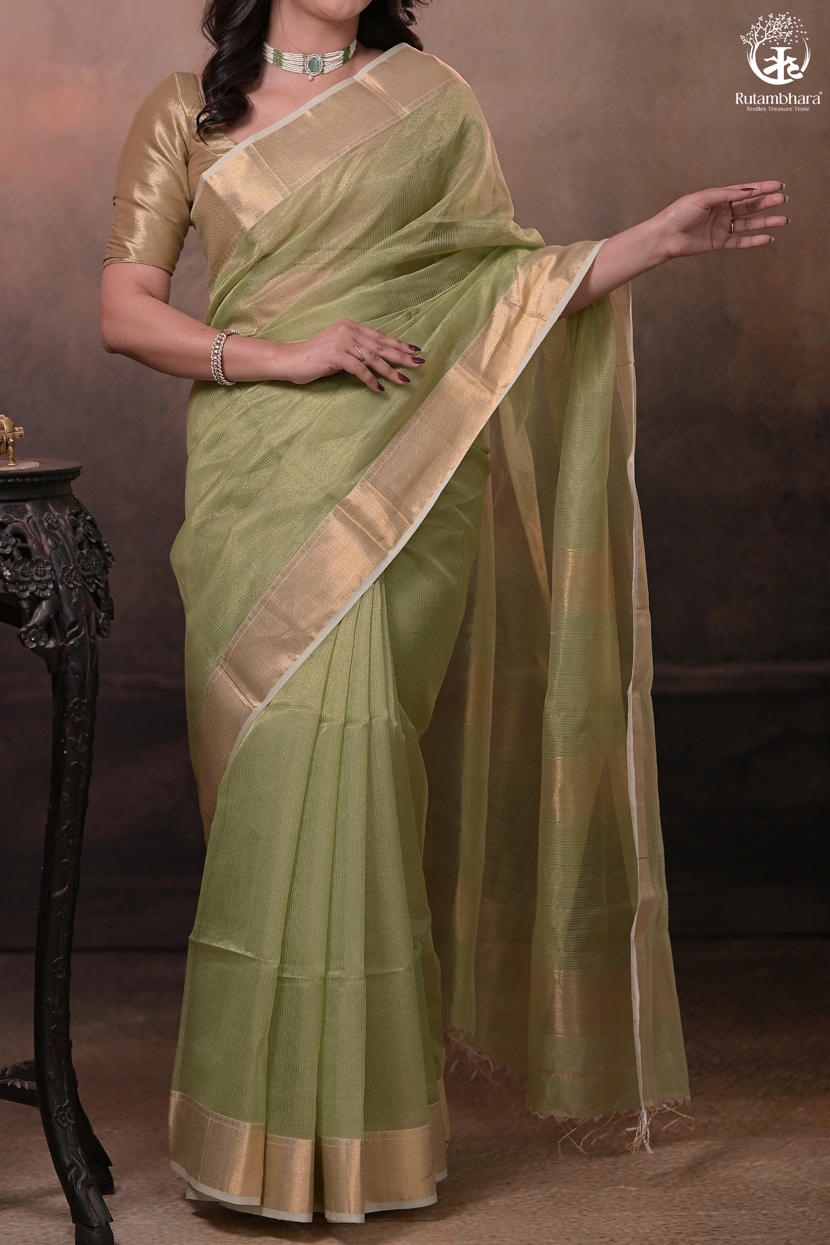 Narmaa - Pastel Green Gold Tissue Checks With Lehar Border Silk Cotton Saree