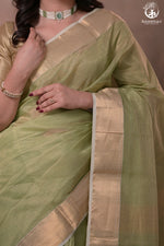 Narmaa - Pastel Green Gold Tissue Checks With Lehar Border Silk Cotton Saree-Rutambhara-RUTAMBHARA