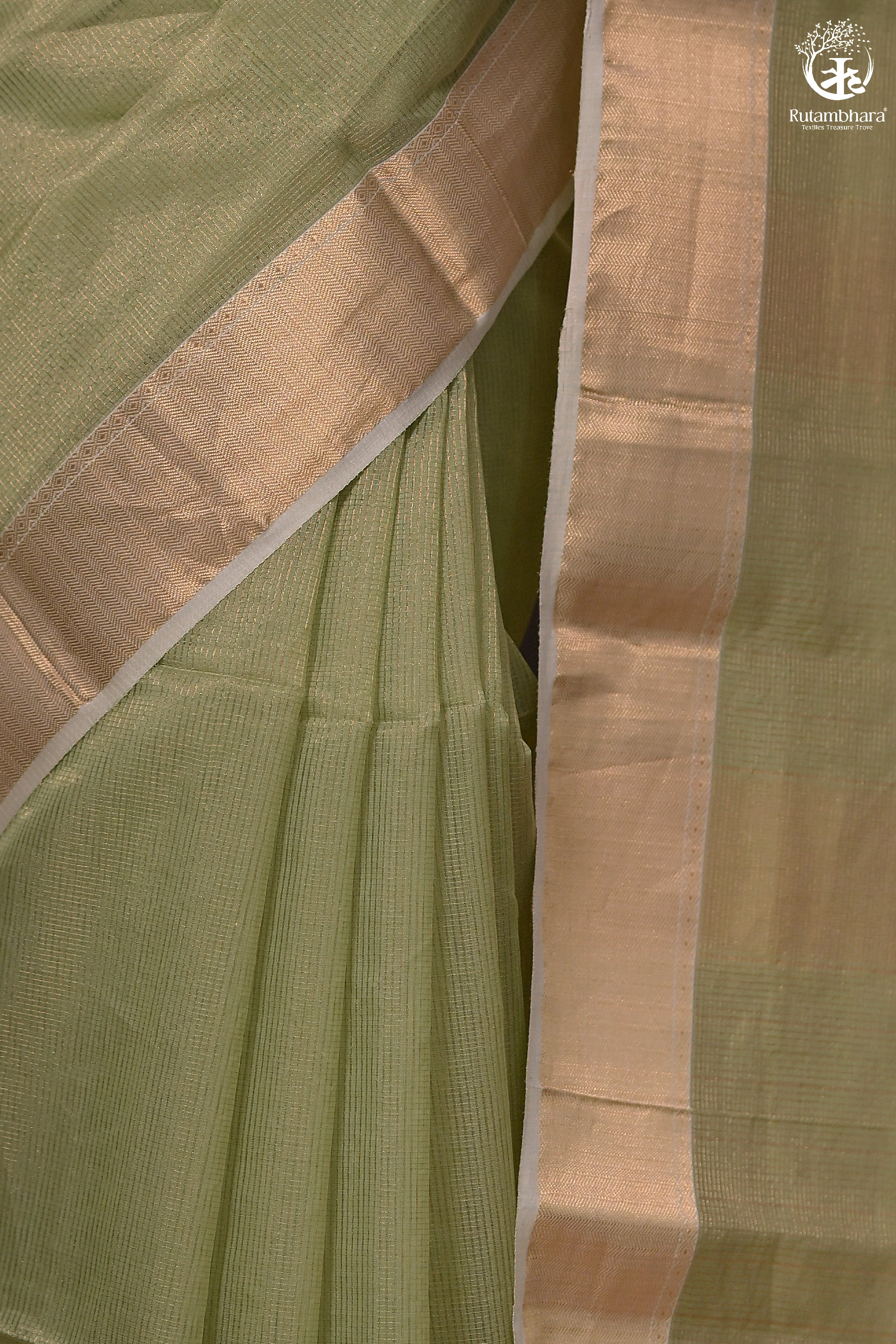 Narmaa - Pastel Green Gold Tissue Checks With Lehar Border Silk Cotton Saree