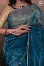 Swarvi - Lustrous Blue Handwoven Chanderi Silk Tissue Saree-RUTAMBHARA-RUTAMBHARA