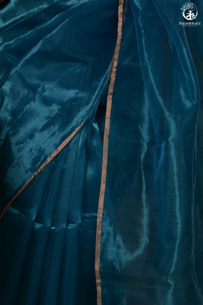Swarvi - Lustrous Blue Handwoven Chanderi Silk Tissue Saree-RUTAMBHARA-RUTAMBHARA