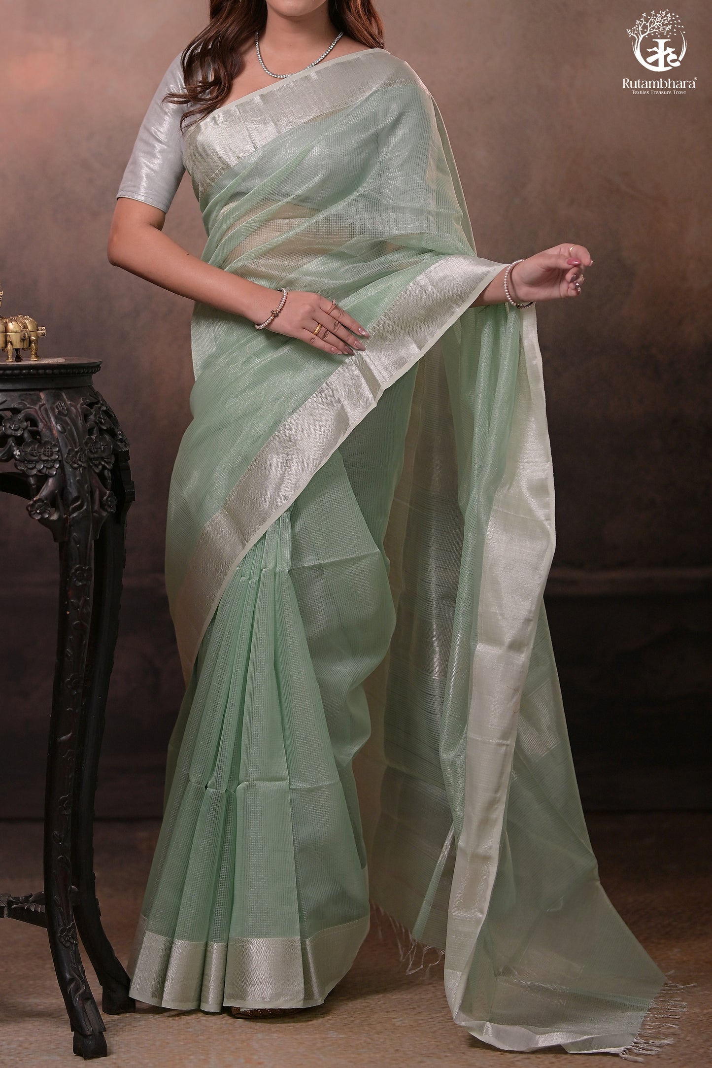 Narmaa - Silver Tissue Checks Pastel Green With Silver Lehar Border Saree