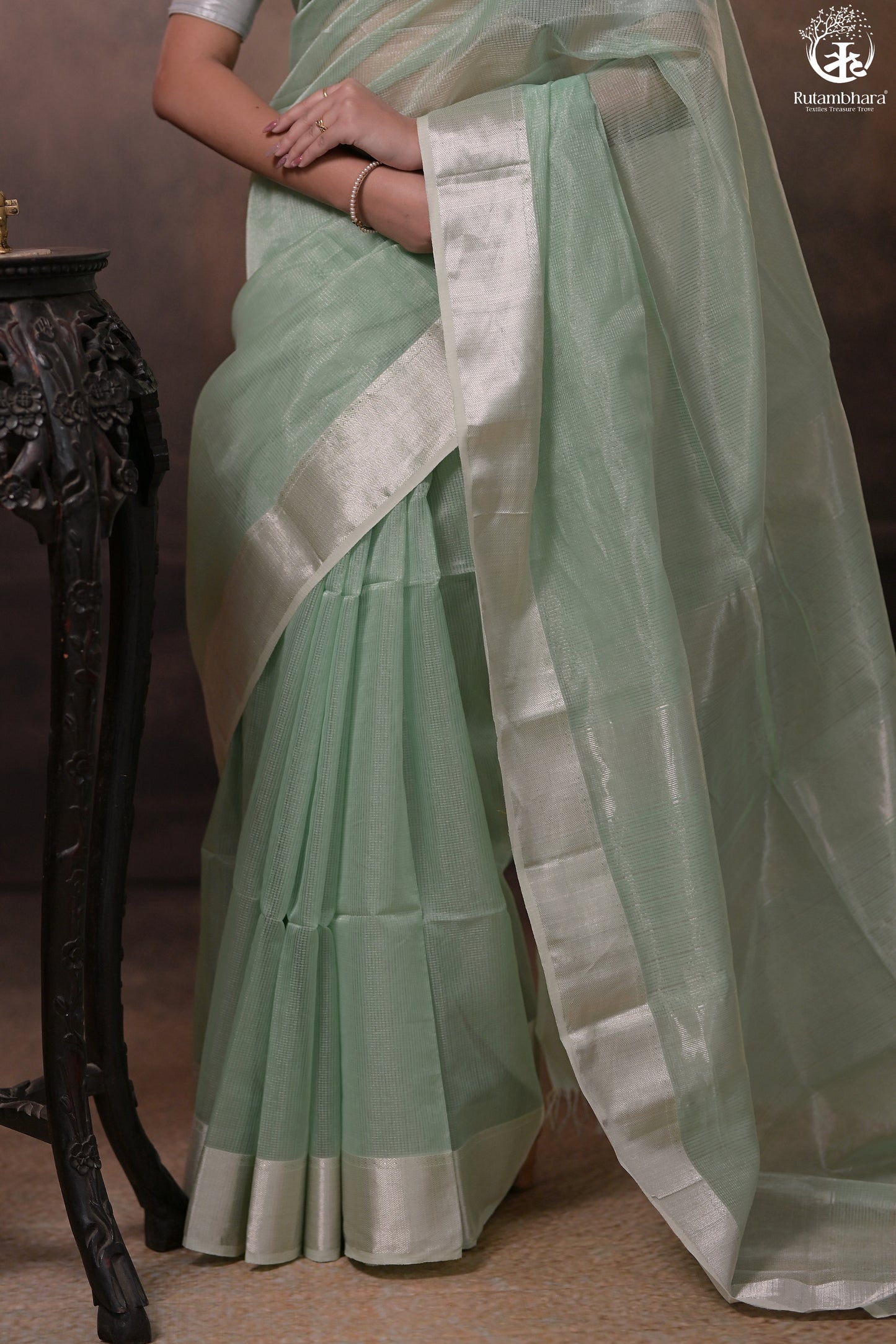 Narmaa - Silver Tissue Checks Pastel Green With Silver Lehar Border Saree