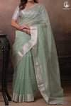 Narmaa - Silver Tissue Checks Pastel Green With Silver Lehar Border Saree