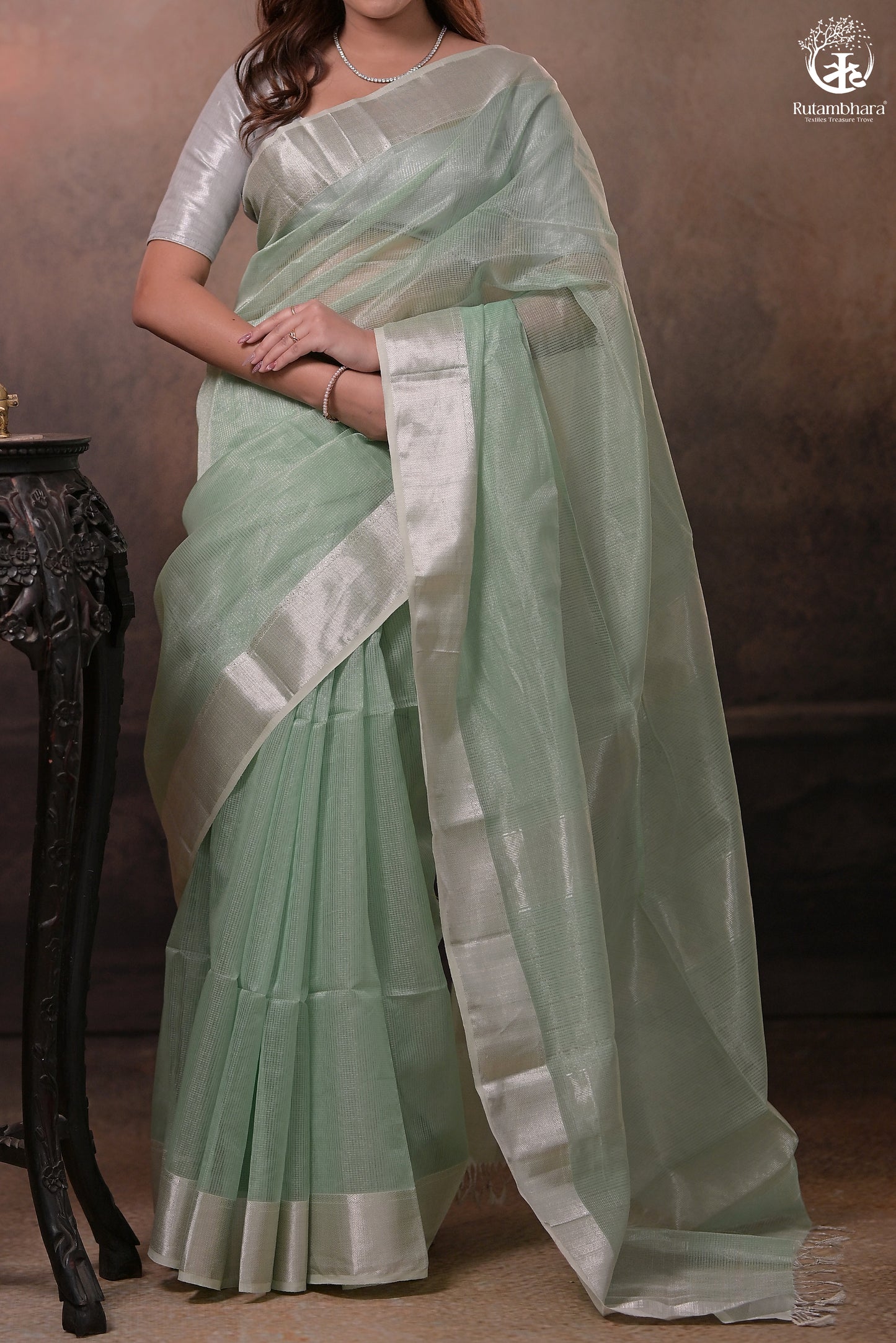 Narmaa - Silver Tissue Checks Pastel Green With Silver Lehar Border Saree