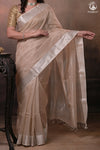 Narmaa - Silver Tissue Checks Mocha Beige With Silver Lehar Border Saree