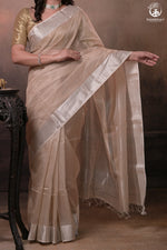Narmaa - Silver Tissue Checks Mocha Beige With Silver Lehar Border Saree-Rutambhara-RUTAMBHARA