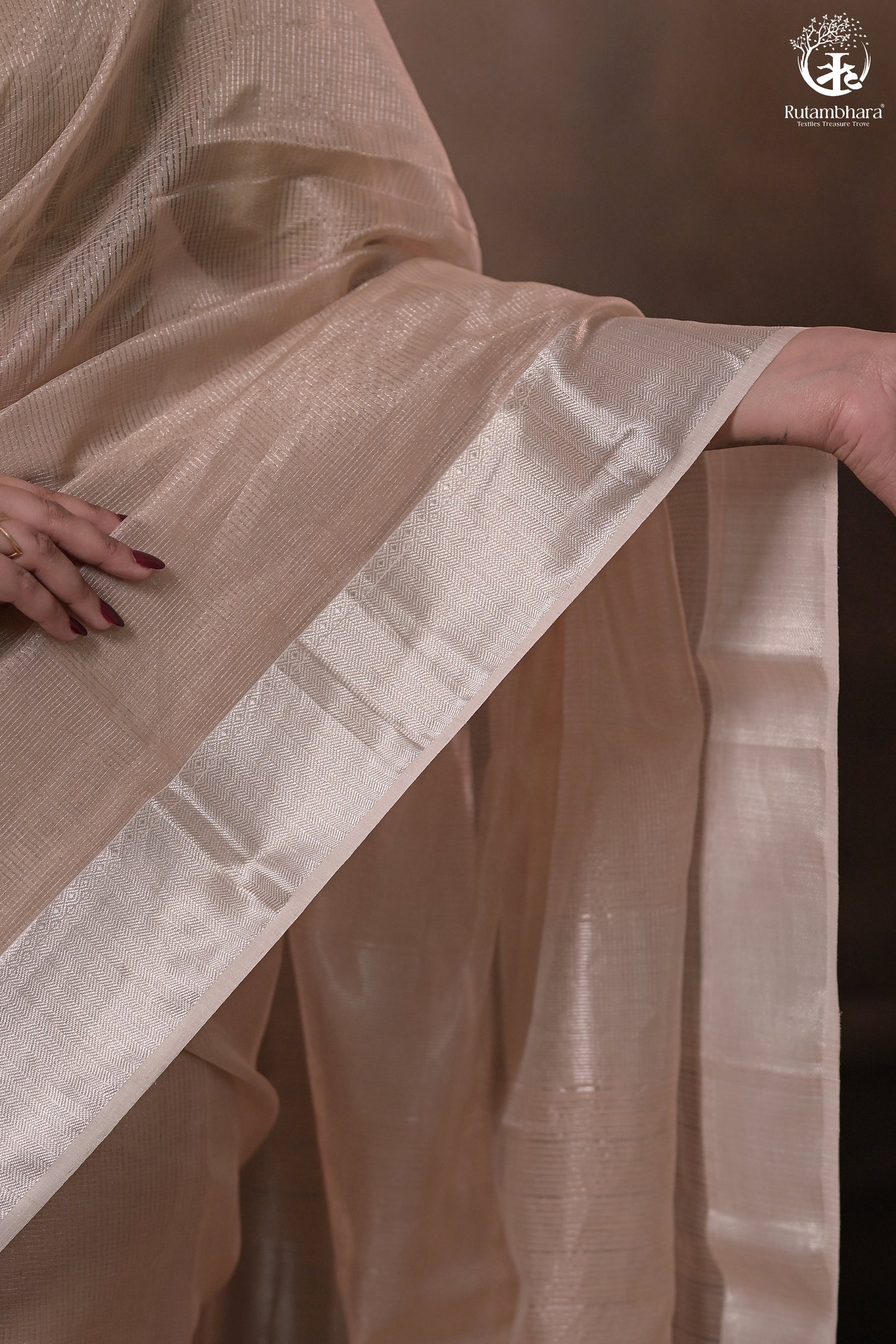 Narmaa - Silver Tissue Checks Mocha Beige With Silver Lehar Border Saree