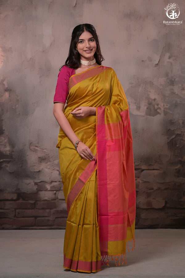 Narmaa - Orange Shot Pink (Green) With Rani Pink Resham Lehar Border-Rutambhara-RUTAMBHARA