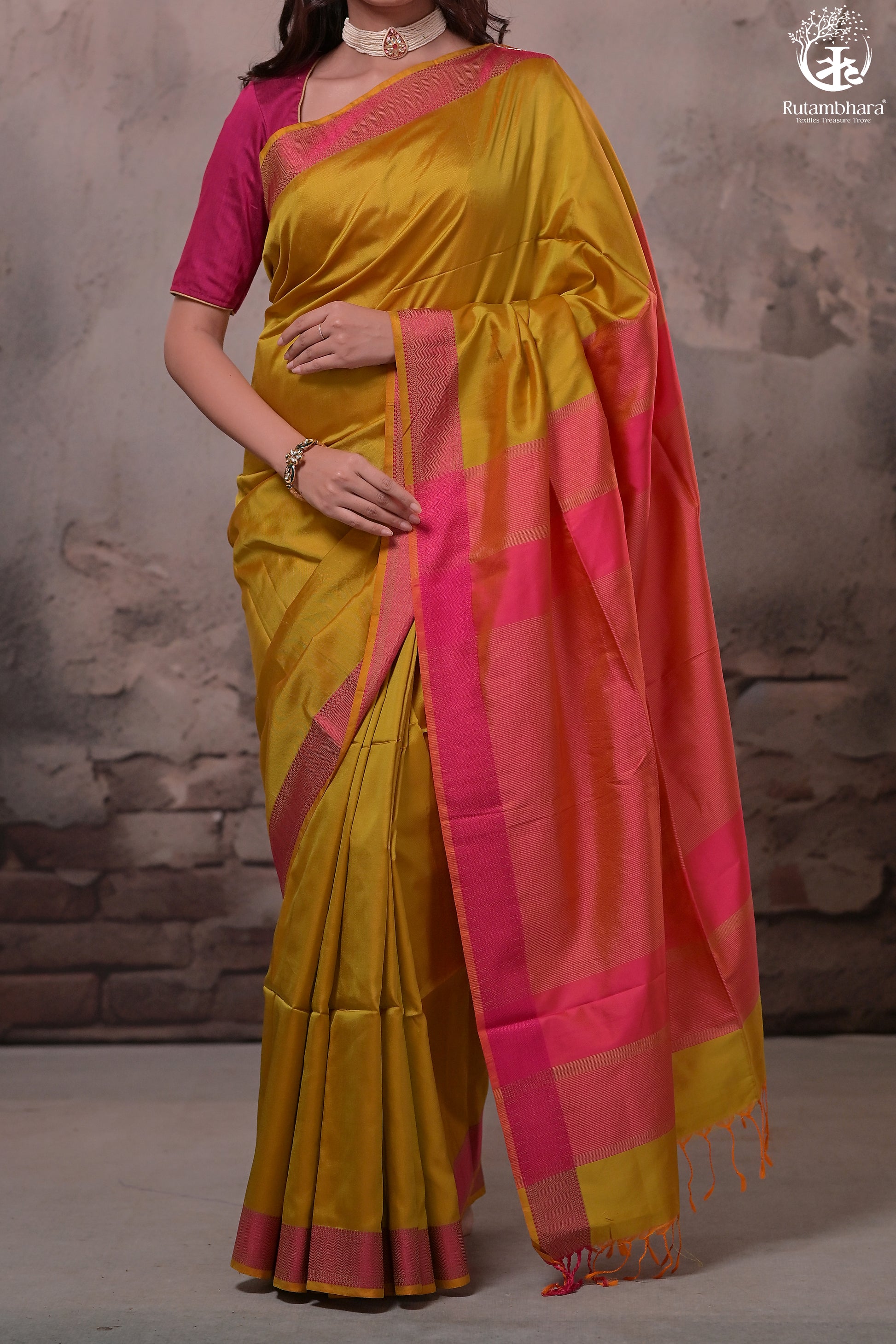 Narmaa - Orange Shot Pink (Green) With Rani Pink Resham Lehar Border-Rutambhara-RUTAMBHARA