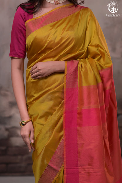 Narmaa - Orange Shot Pink (Green) With Rani Pink Resham Lehar Border-Rutambhara-RUTAMBHARA