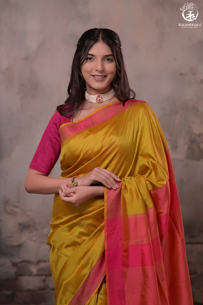 Narmaa - Orange Shot Pink (Green) With Rani Pink Resham Lehar Border-Rutambhara-RUTAMBHARA