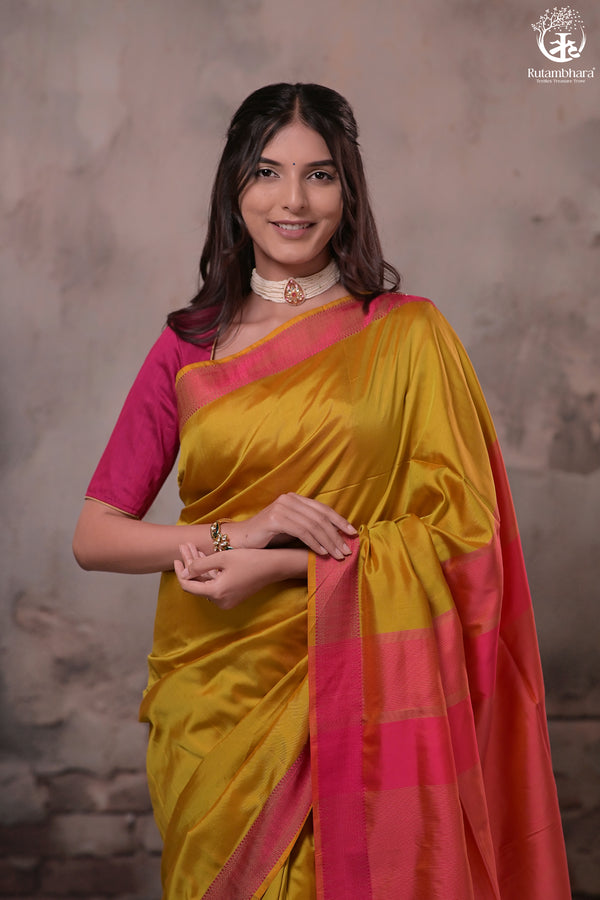 Narmaa - Orange Shot Pink (Green) With Rani Pink Resham Lehar Border-Rutambhara-RUTAMBHARA