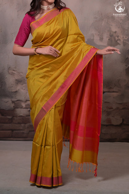 Narmaa - Orange Shot Pink (Green) With Rani Pink Resham Lehar Border-Rutambhara-RUTAMBHARA