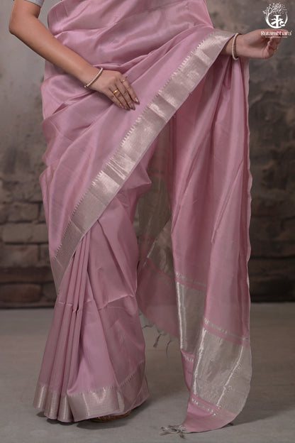 BHADRA - PASTEL MAUVE PLAIN HANDWOVEN SILK SAREE WITH SILVER ZARI BORDER-Rutambhara-RUTAMBHARA