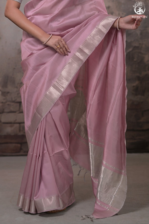 BHADRA - PASTEL MAUVE PLAIN HANDWOVEN SILK SAREE WITH SILVER ZARI BORDER-Rutambhara-RUTAMBHARA