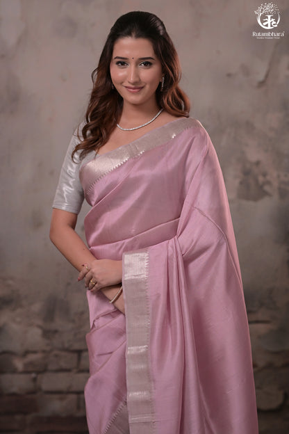 BHADRA - PASTEL MAUVE PLAIN HANDWOVEN SILK SAREE WITH SILVER ZARI BORDER-Rutambhara-RUTAMBHARA