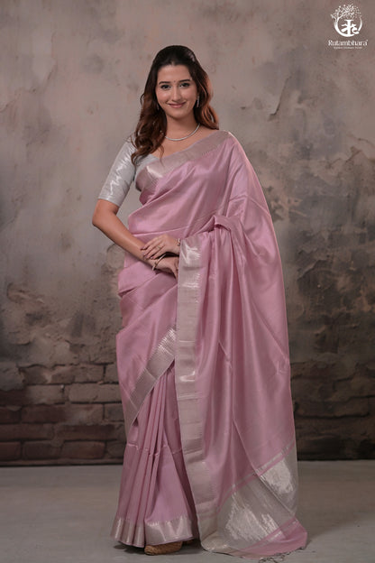 BHADRA - PASTEL MAUVE PLAIN HANDWOVEN SILK SAREE WITH SILVER ZARI BORDER-Rutambhara-RUTAMBHARA