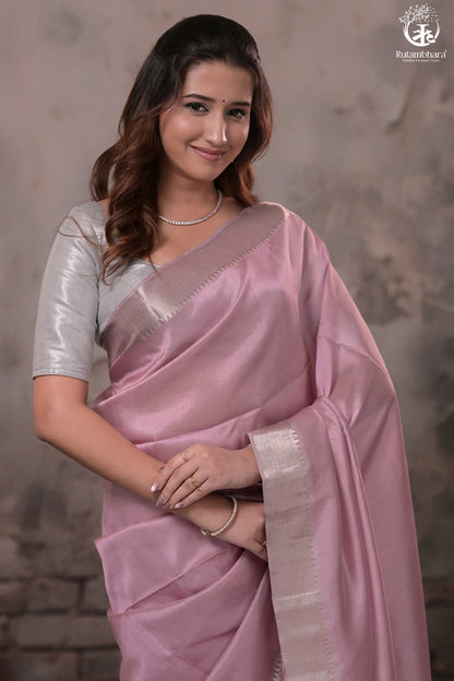 BHADRA - PASTEL MAUVE PLAIN HANDWOVEN SILK SAREE WITH SILVER ZARI BORDER-Rutambhara-RUTAMBHARA