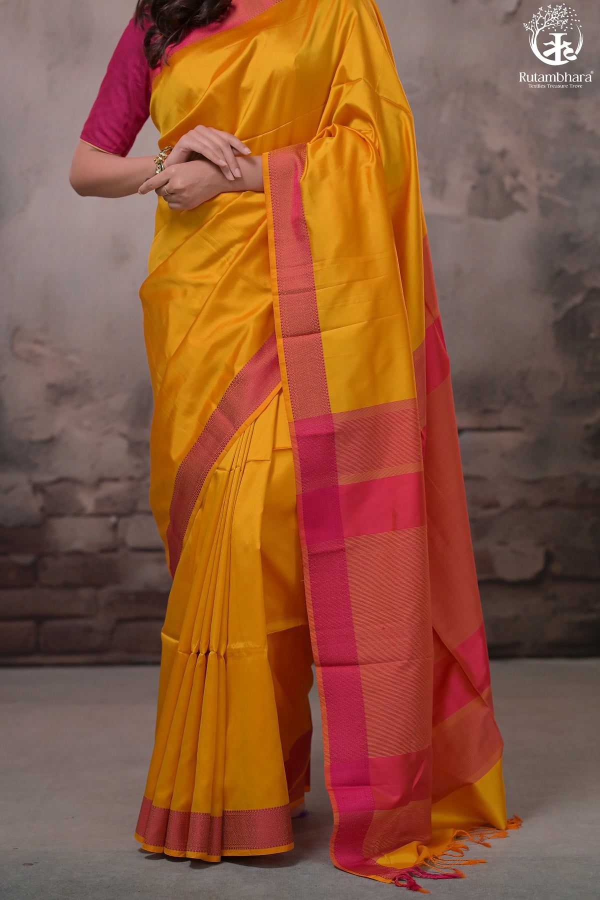 Narmaa - Orange Shot Pink (Sunrise Yellow) With Rani Pink Resham Lehar Border